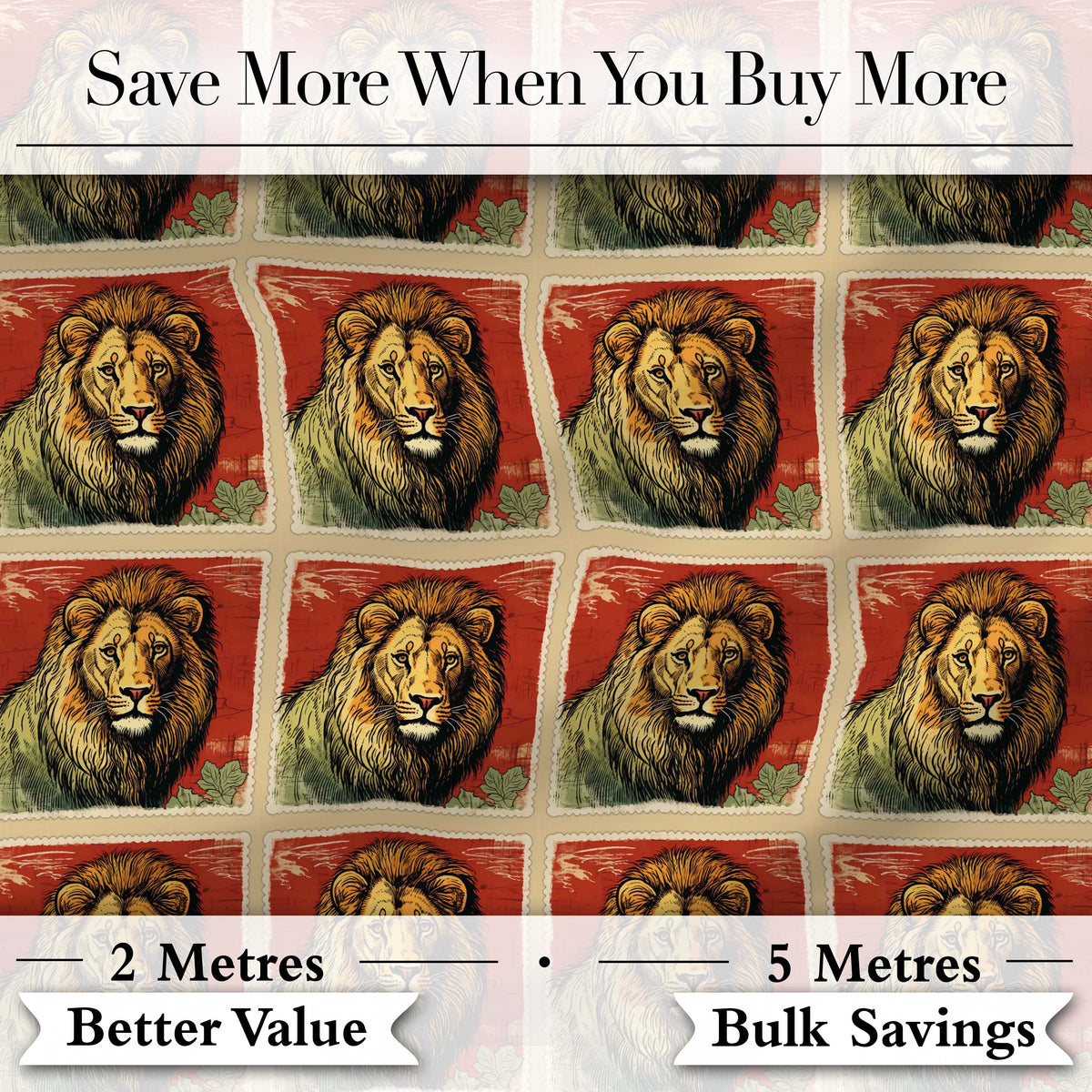 Vintage Lion Portrait Stamp Style Seamless Pattern Digital Print Fabric by the Metre UK Sewing Quilting Textile
