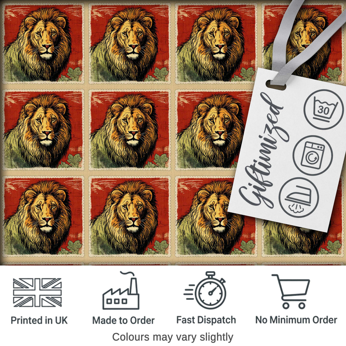 Vintage Lion Portrait Stamp Style Seamless Pattern Digital Print Fabric by the Metre UK Sewing Quilting Textile
