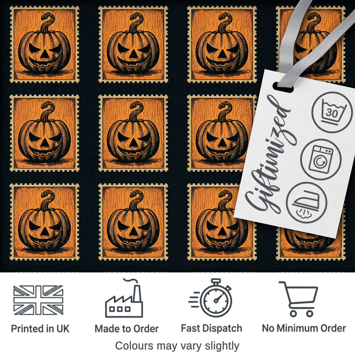 Vintage Pumpkin Stamp Design Seamless Pattern Halloween Theme Digital Print Fabric by the Metre UK Sewing Quilting Textile