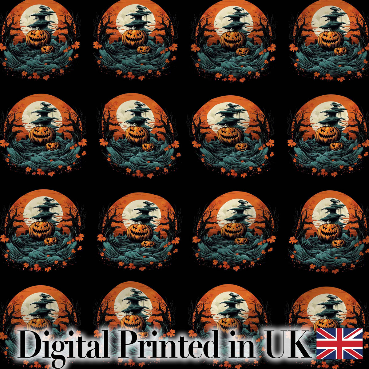 Haunted Pumpkin Landscape with Moon and Trees Seamless Pattern Digital Print Fabric by the Metre UK Sewing Quilting Textile