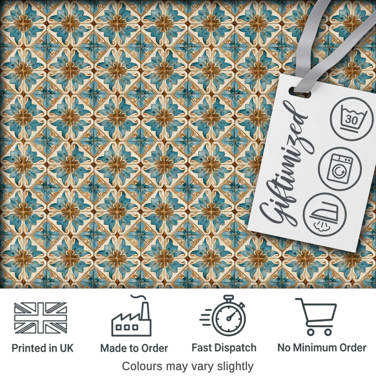 Blue Floral Ceramic Tile Pattern Vintage Style Seamless Design Digital Print Fabric by the Metre UK Sewing Quilting Textile