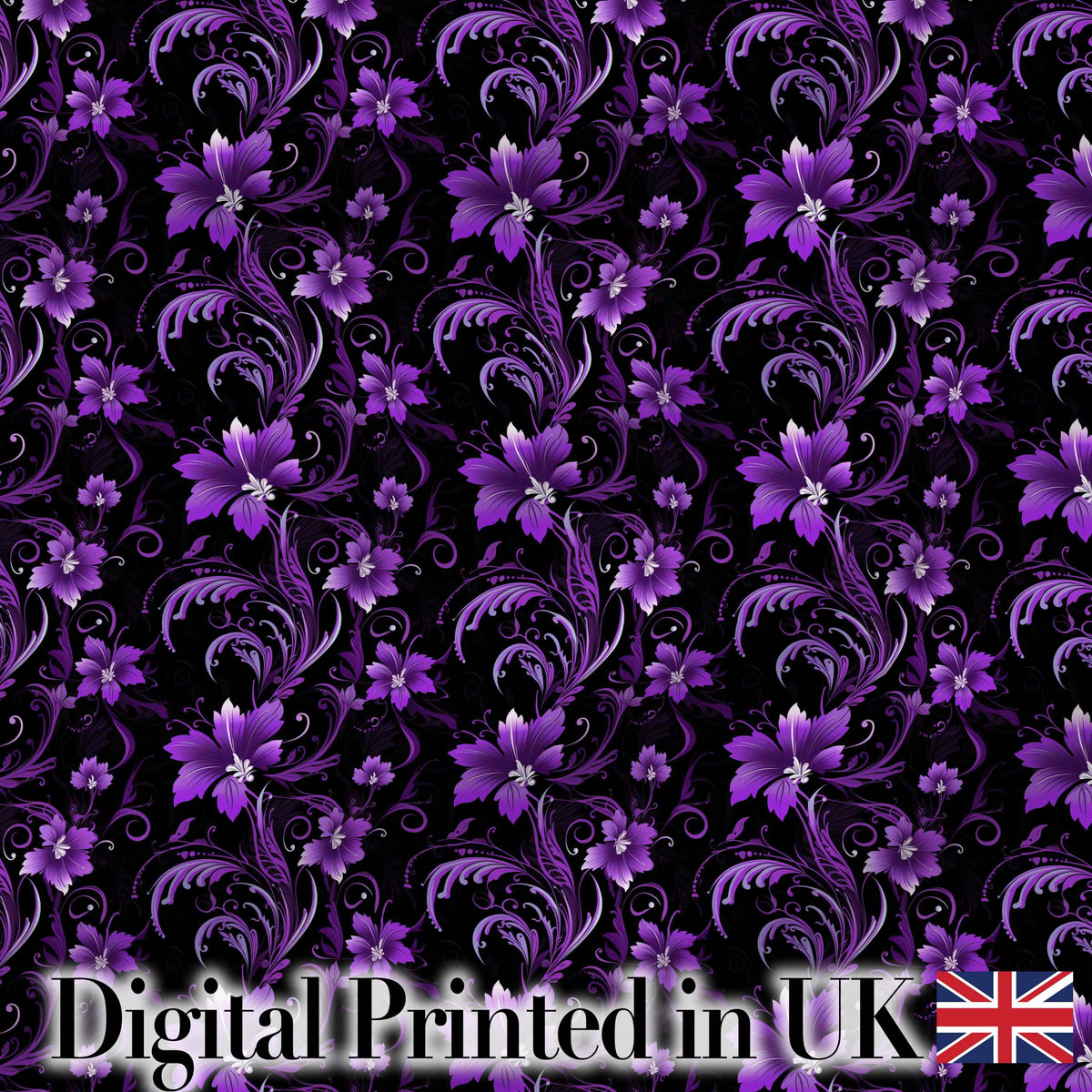 Elegant Purple Floral Swirl Pattern on Black Background Seamless Digital Print Fabric by the Metre UK Sewing Quilting Textile