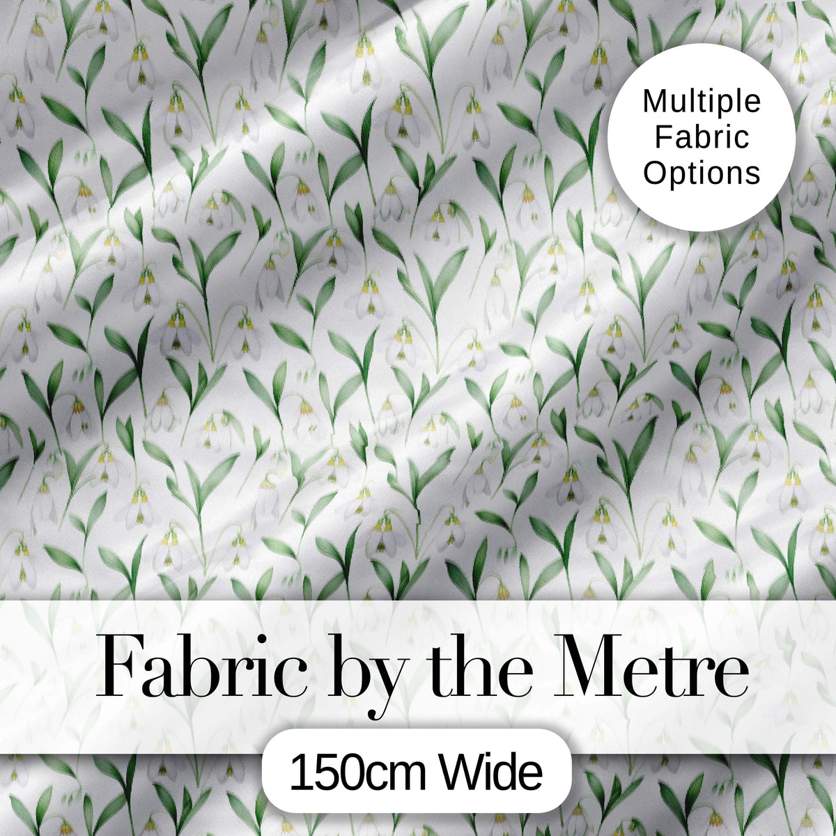 Elegant Snowdrop Flowers with Green Leaves Seamless Pattern White Background Digital Print Fabric by the Metre UK Sewing Quilting Textile