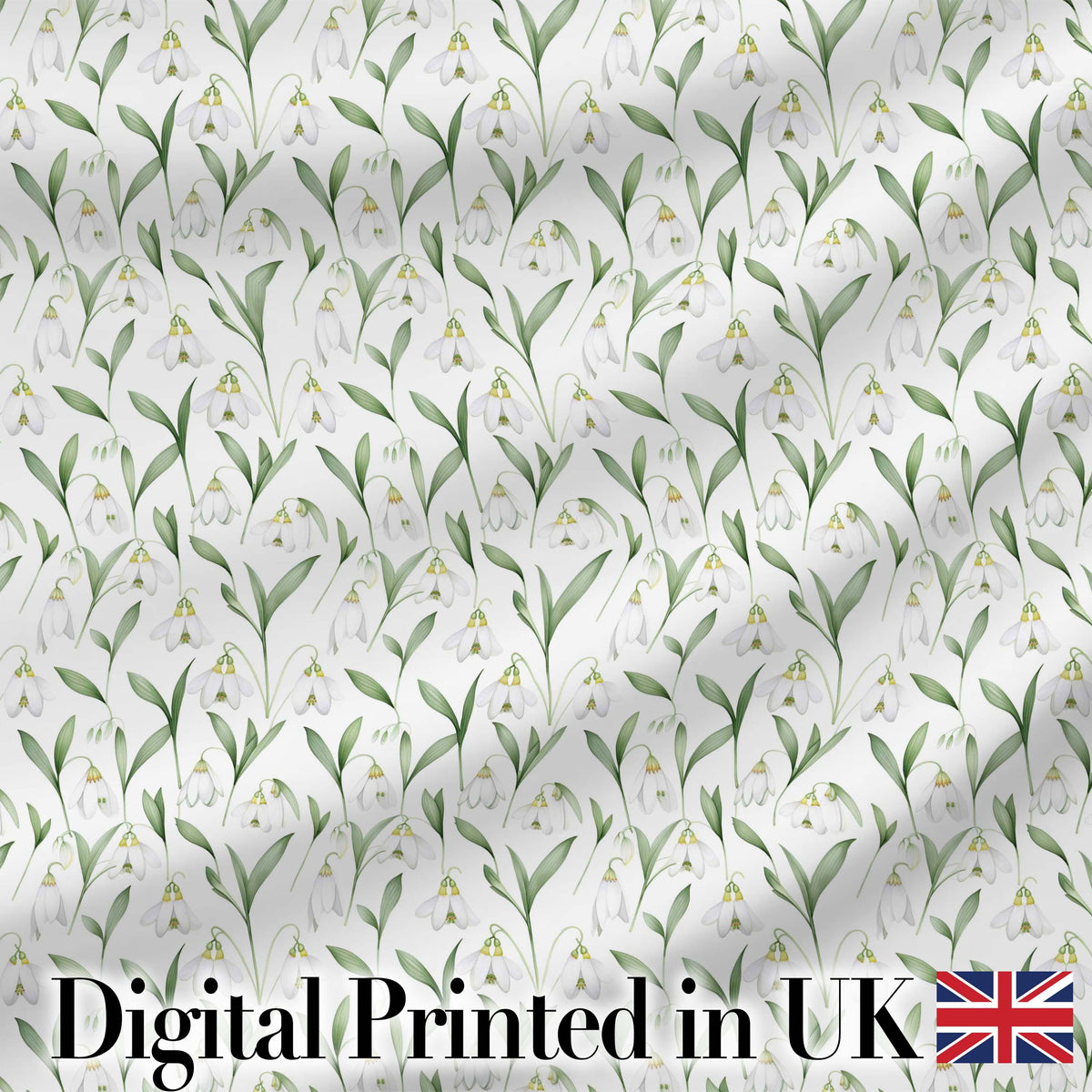 Elegant Snowdrop Flowers with Green Leaves Seamless Pattern White Background Digital Print Fabric by the Metre UK Sewing Quilting Textile