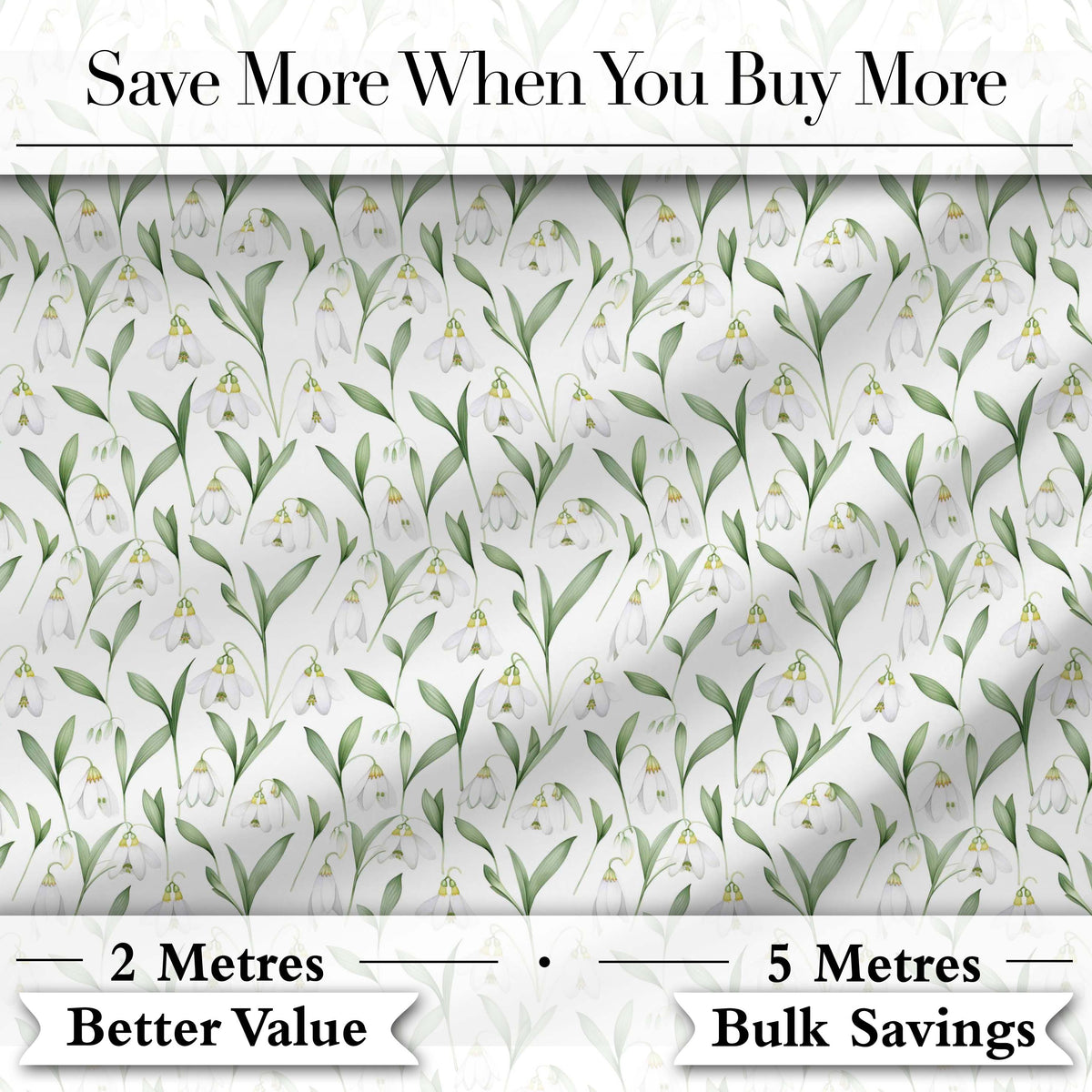 Elegant Snowdrop Flowers with Green Leaves Seamless Pattern White Background Digital Print Fabric by the Metre UK Sewing Quilting Textile