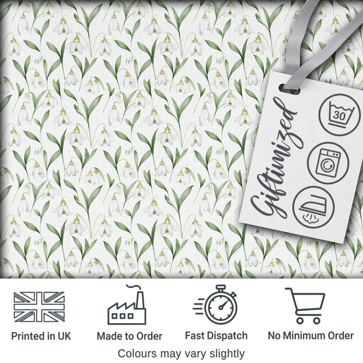 Elegant Snowdrop Flowers with Green Leaves Seamless Pattern White Background Digital Print Fabric by the Metre UK Sewing Quilting Textile