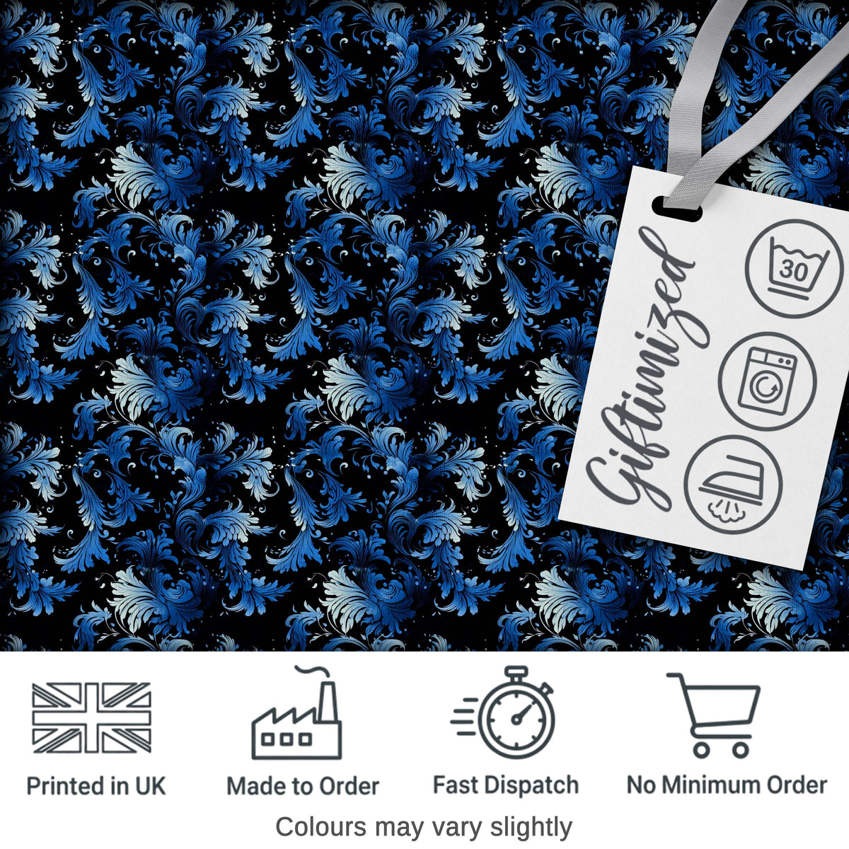Dark Blue Floral Ornamental Seamless Pattern on Black Background Digital Print Fabric by the Metre UK Sewing Quilting Textile