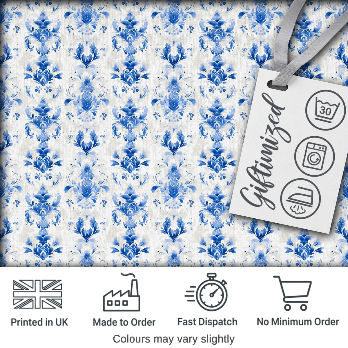 Elegant Blue Damask Symmetrical Floral Seamless Pattern Digital Print Fabric by the Metre UK Sewing Quilting Textile
