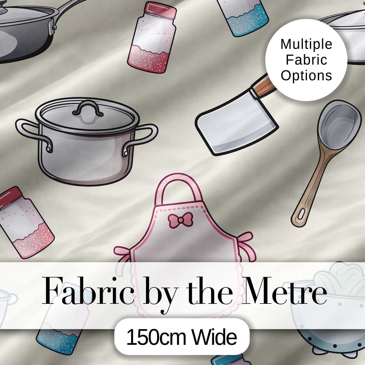 Cute Kitchen Utensils Apron Cooking Seamless Pattern Digital Print Fabric by the Metre UK Sewing Quilting Textile