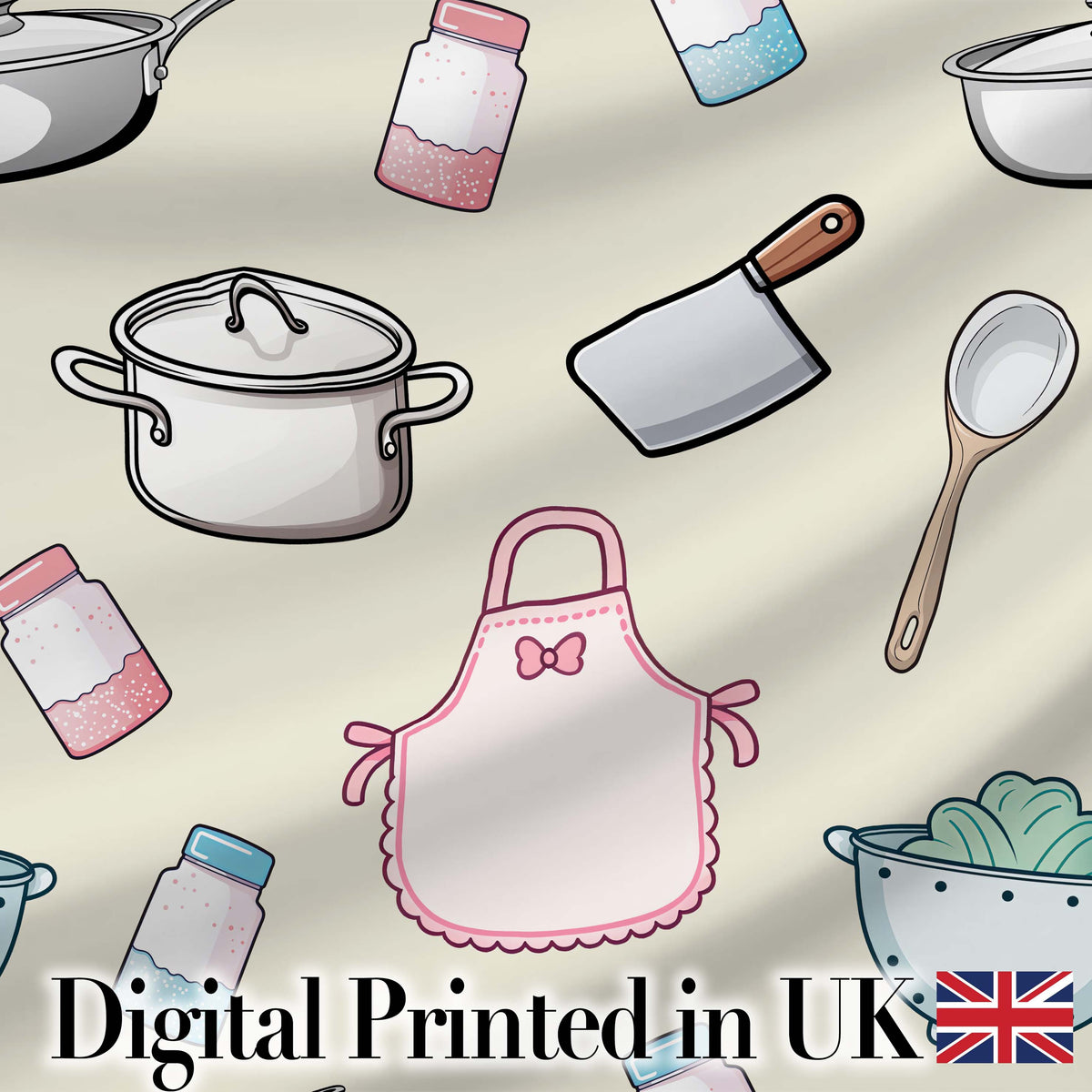 Cute Kitchen Utensils Apron Cooking Seamless Pattern Digital Print Fabric by the Metre UK Sewing Quilting Textile