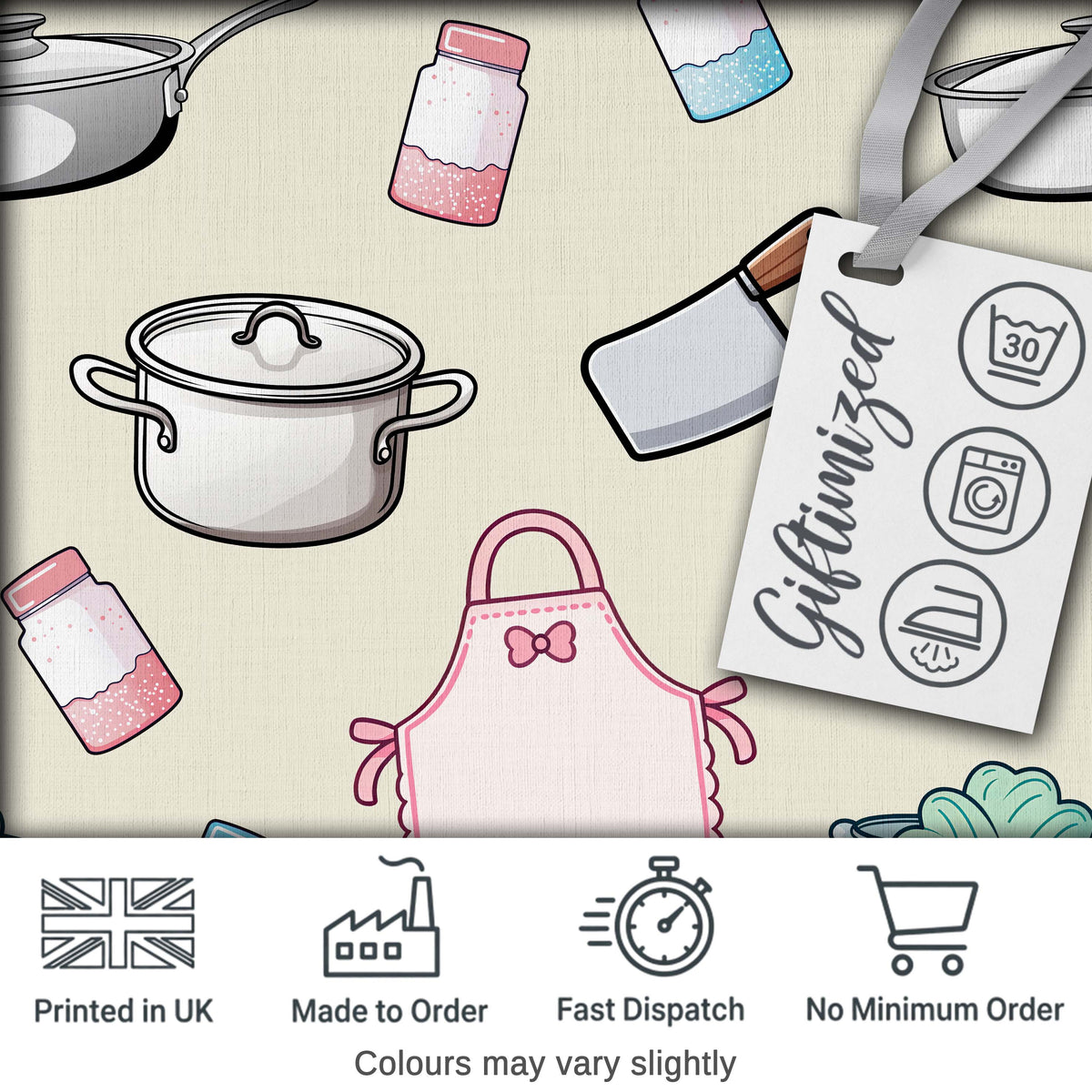 Cute Kitchen Utensils Apron Cooking Seamless Pattern Digital Print Fabric by the Metre UK Sewing Quilting Textile