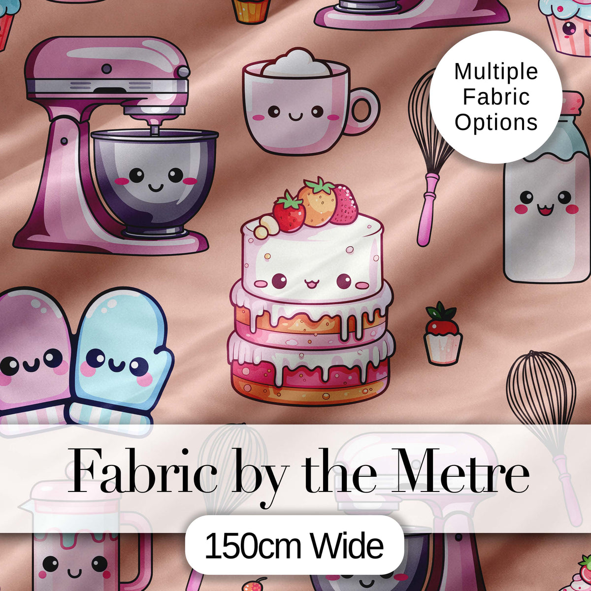 Cute Kawaii Baking Cake Mixer Dessert Seamless Pattern Digital Print Fabric by the Metre UK Sewing Quilting Textile