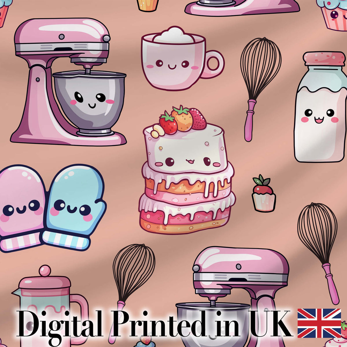 Cute Kawaii Baking Cake Mixer Dessert Seamless Pattern Digital Print Fabric by the Metre UK Sewing Quilting Textile