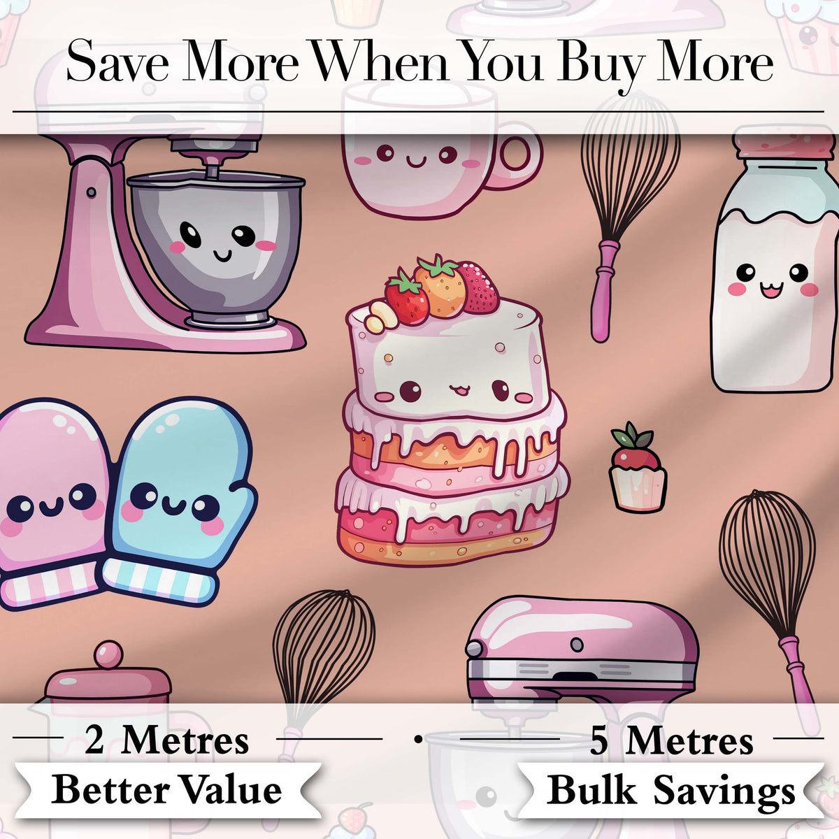 Cute Kawaii Baking Cake Mixer Dessert Seamless Pattern Digital Print Fabric by the Metre UK Sewing Quilting Textile