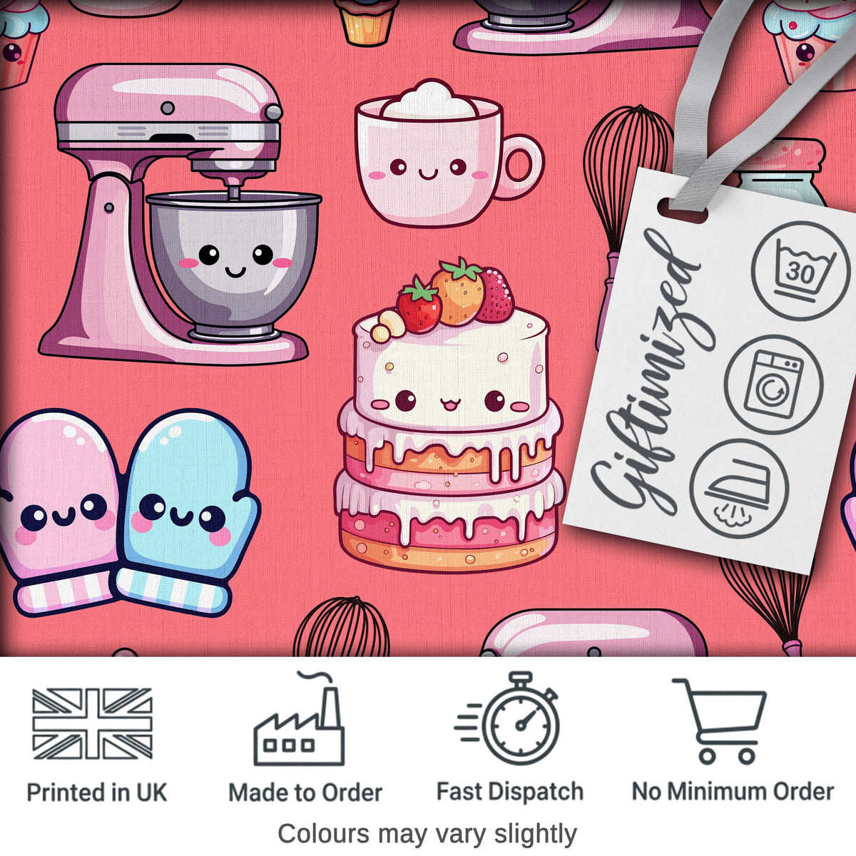 Cute Kawaii Baking Cake Mixer Coral Seamless Pattern Digital Print Fabric by the Metre UK Sewing Quilting Textile