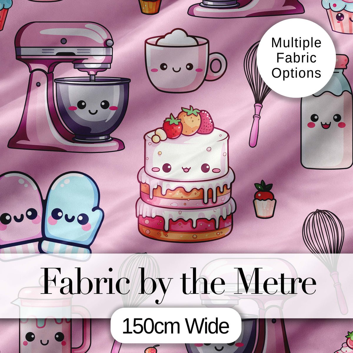 Cute Kawaii Baking Cake Mixer Pink Seamless Pattern Digital Print Fabric by the Metre UK Sewing Quilting Textile