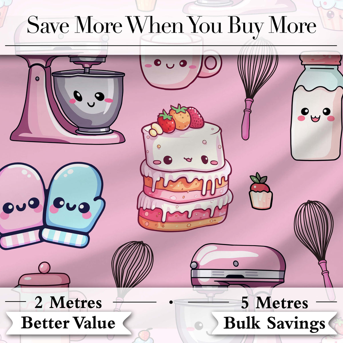 Cute Kawaii Baking Cake Mixer Pink Seamless Pattern Digital Print Fabric by the Metre UK Sewing Quilting Textile
