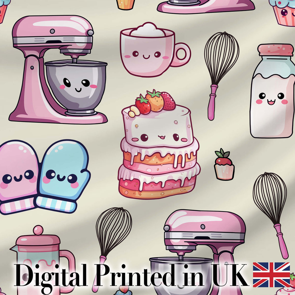 Cute Kawaii Baking Cake Mixer Cream Seamless Pattern Digital Print Fabric by the Metre UK Sewing Quilting Textile