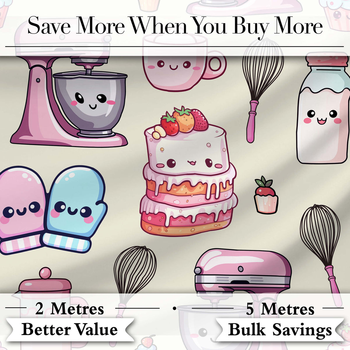Cute Kawaii Baking Cake Mixer Cream Seamless Pattern Digital Print Fabric by the Metre UK Sewing Quilting Textile