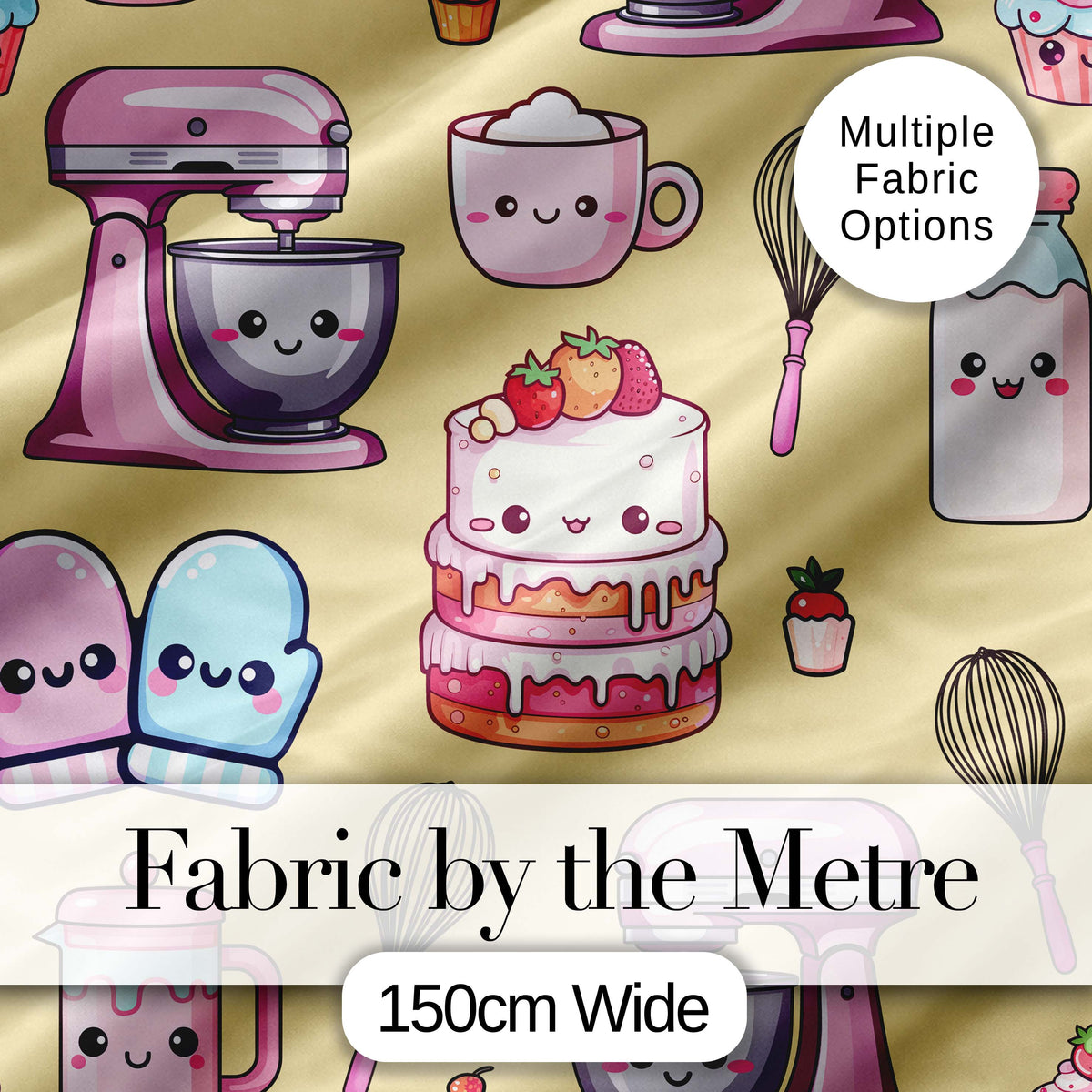Cute Kawaii Baking Cake Mixer Yellow Seamless Pattern Digital Print Fabric by the Metre UK Sewing Quilting Textile