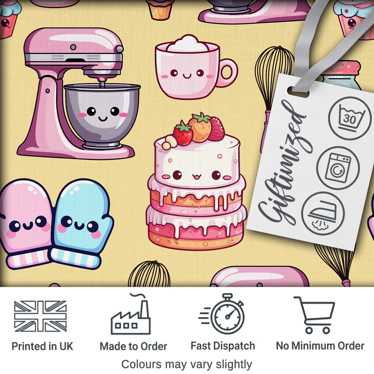 Cute Kawaii Baking Cake Mixer Yellow Seamless Pattern Digital Print Fabric by the Metre UK Sewing Quilting Textile