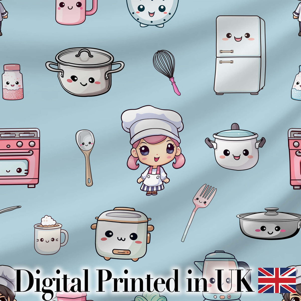 Cute Kawaii Chef Girl Kitchen Utensils Seamless Pattern Digital Print Fabric by the Metre UK Sewing Quilting Textile