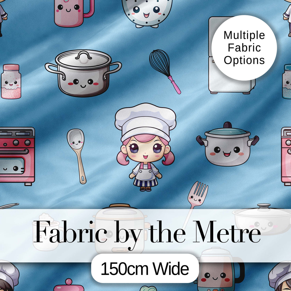 Cute Kawaii Chef Girl Blue Kitchen Utensils Seamless Pattern Digital Print Fabric by the Metre UK Sewing Quilting Textile