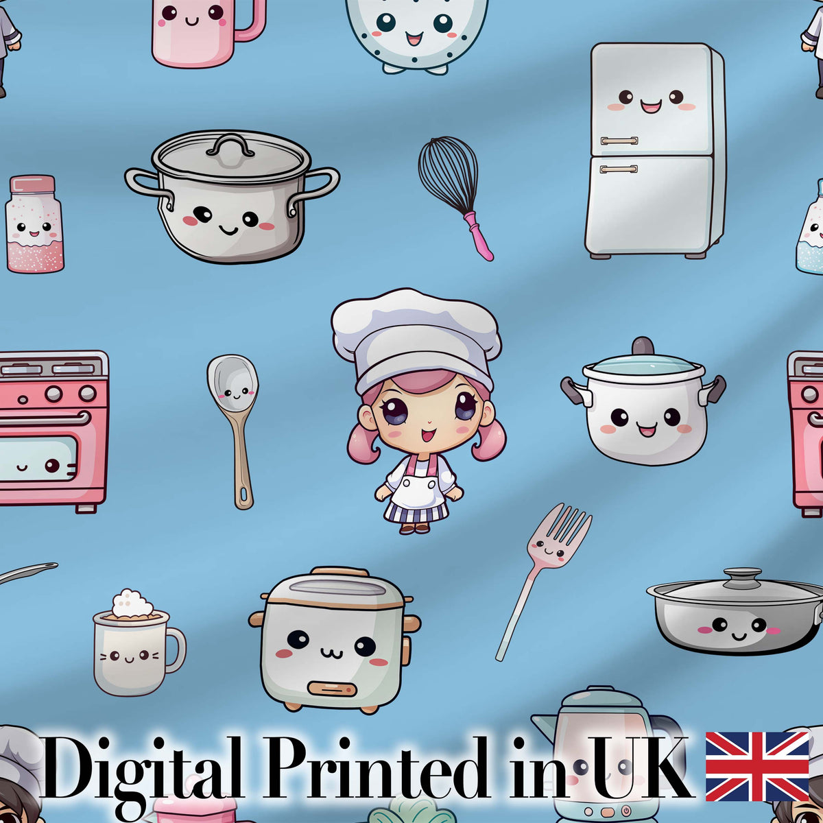 Cute Kawaii Chef Girl Blue Kitchen Utensils Seamless Pattern Digital Print Fabric by the Metre UK Sewing Quilting Textile