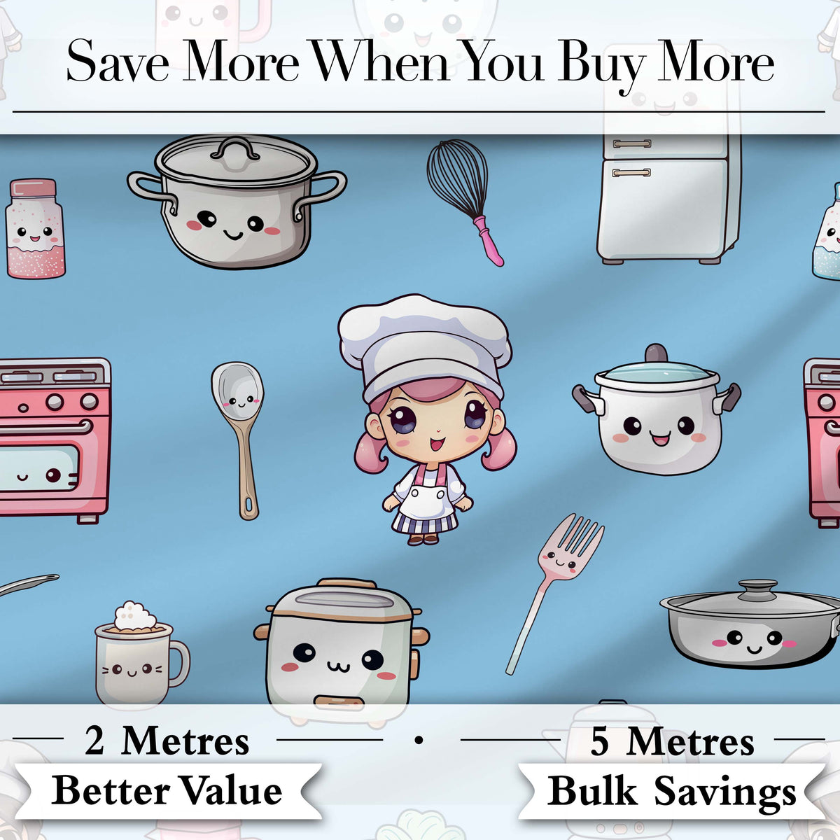 Cute Kawaii Chef Girl Blue Kitchen Utensils Seamless Pattern Digital Print Fabric by the Metre UK Sewing Quilting Textile