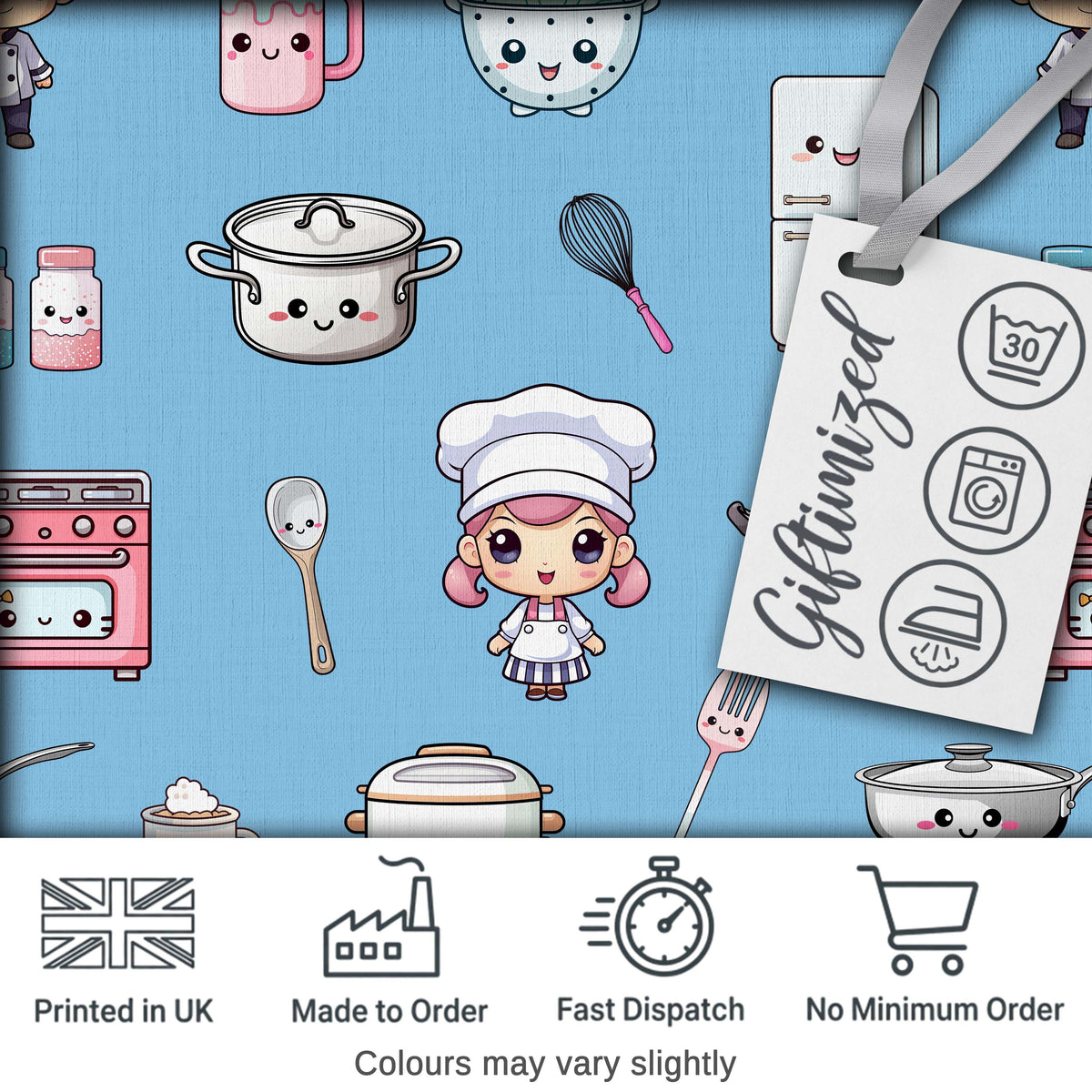 Cute Kawaii Chef Girl Blue Kitchen Utensils Seamless Pattern Digital Print Fabric by the Metre UK Sewing Quilting Textile