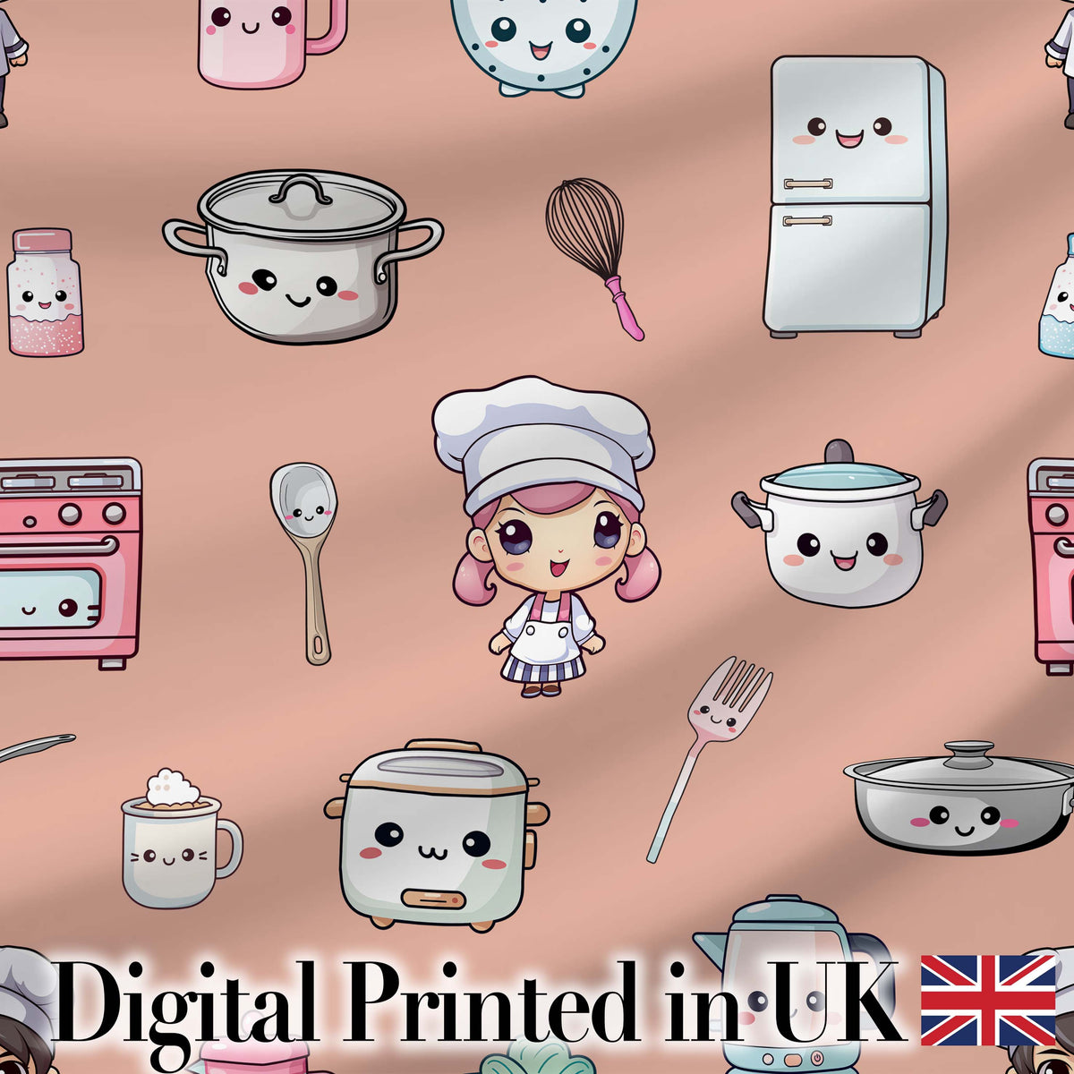 Cute Kawaii Chef Girl Peach Kitchen Utensils Seamless Pattern Digital Print Fabric by the Metre UK Sewing Quilting Textile
