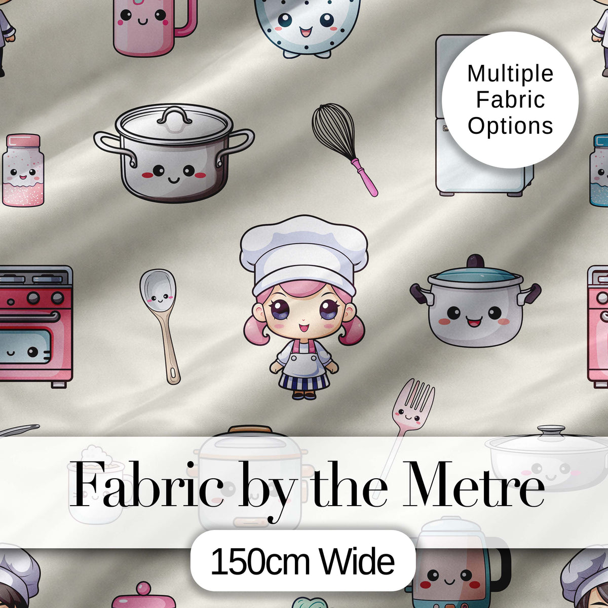 Cute Kawaii Chef Girl Beige Kitchen Utensils Seamless Pattern Digital Print Fabric by the Metre UK Sewing Quilting Textile