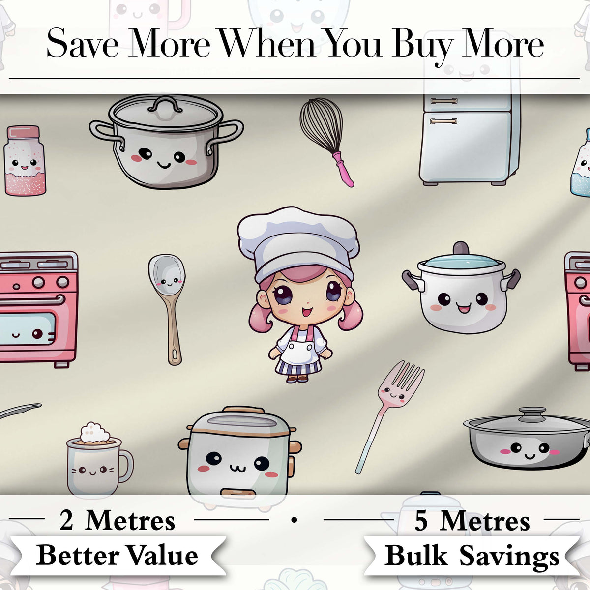 Cute Kawaii Chef Girl Beige Kitchen Utensils Seamless Pattern Digital Print Fabric by the Metre UK Sewing Quilting Textile