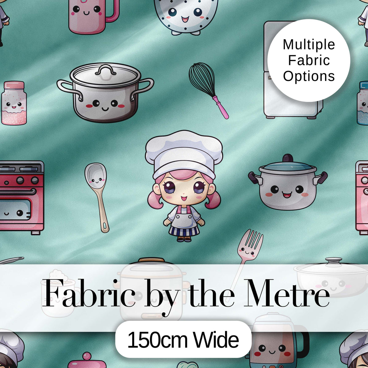 Cute Kawaii Chef Girl Mint Kitchen Utensils Seamless Pattern Digital Print Fabric by the Metre UK Sewing Quilting Textile
