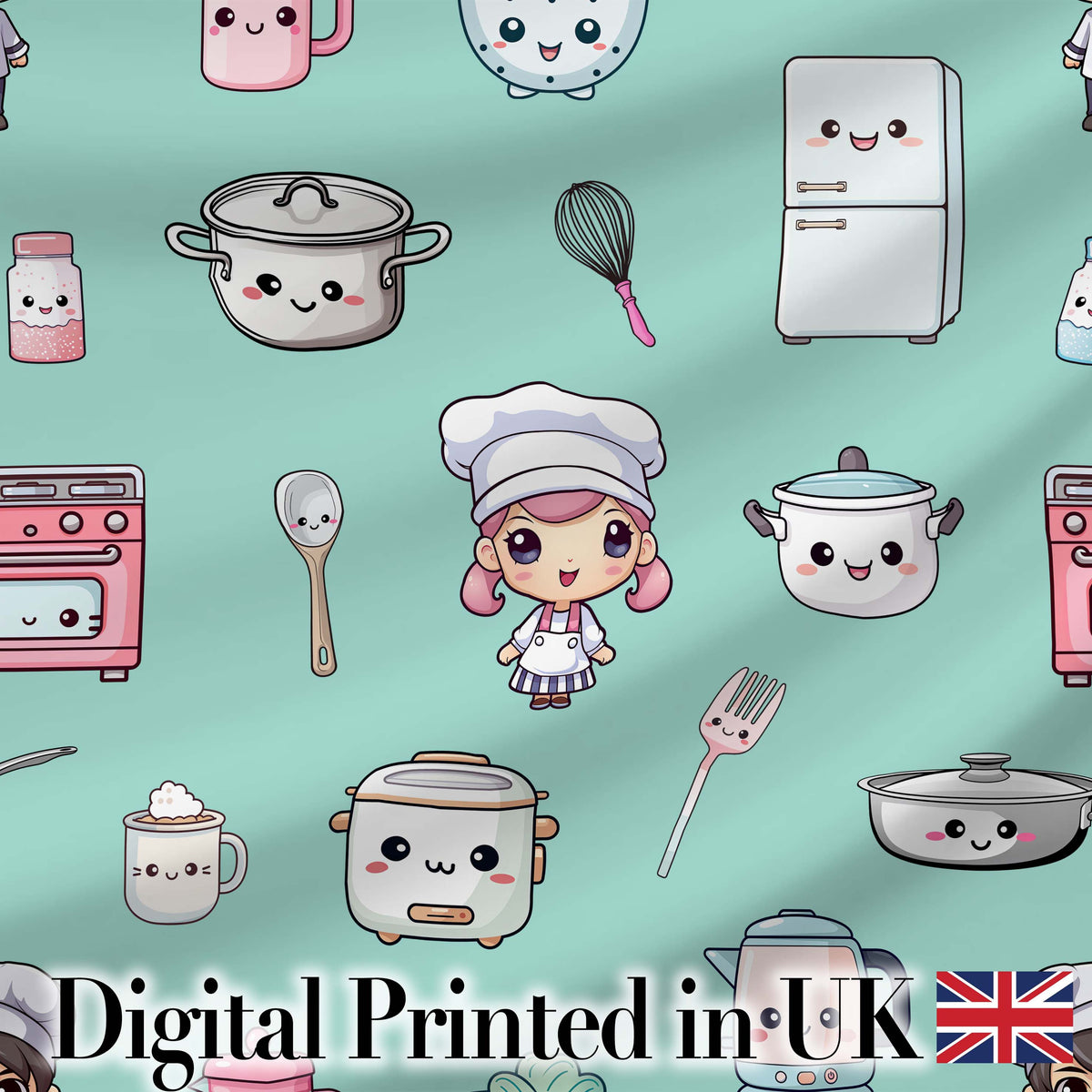 Cute Kawaii Chef Girl Mint Kitchen Utensils Seamless Pattern Digital Print Fabric by the Metre UK Sewing Quilting Textile