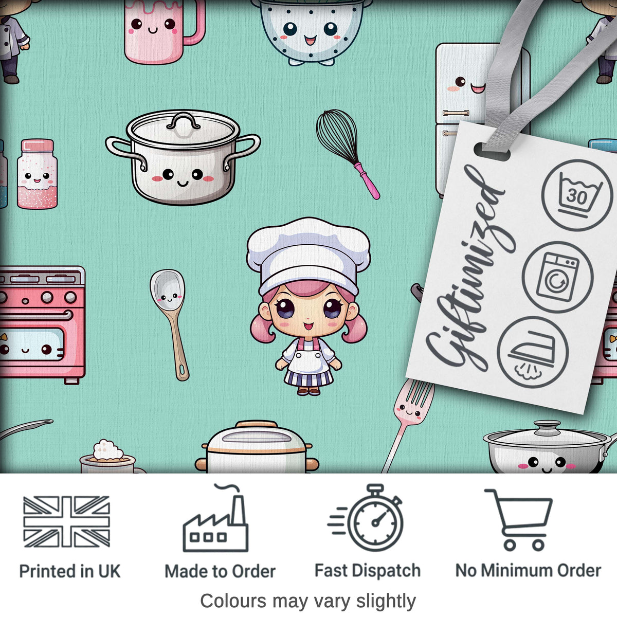 Cute Kawaii Chef Girl Mint Kitchen Utensils Seamless Pattern Digital Print Fabric by the Metre UK Sewing Quilting Textile