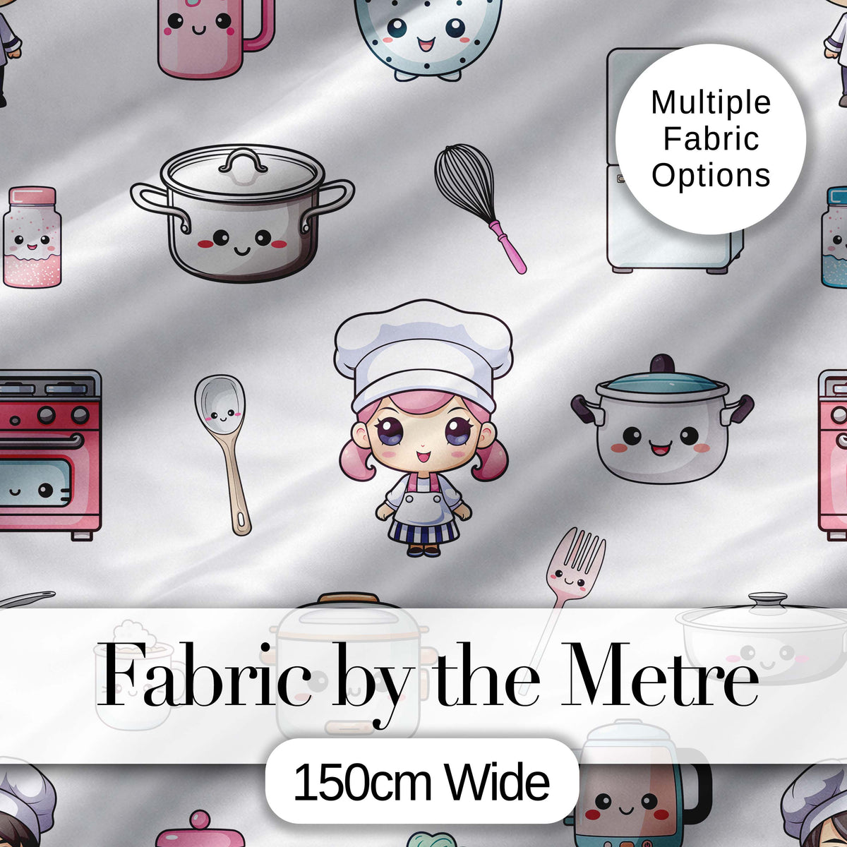 Cute Kawaii Chef Girl Kitchen Utensils Grey Background Seamless Pattern Digital Print Fabric by the Metre UK Sewing Quilting Textile