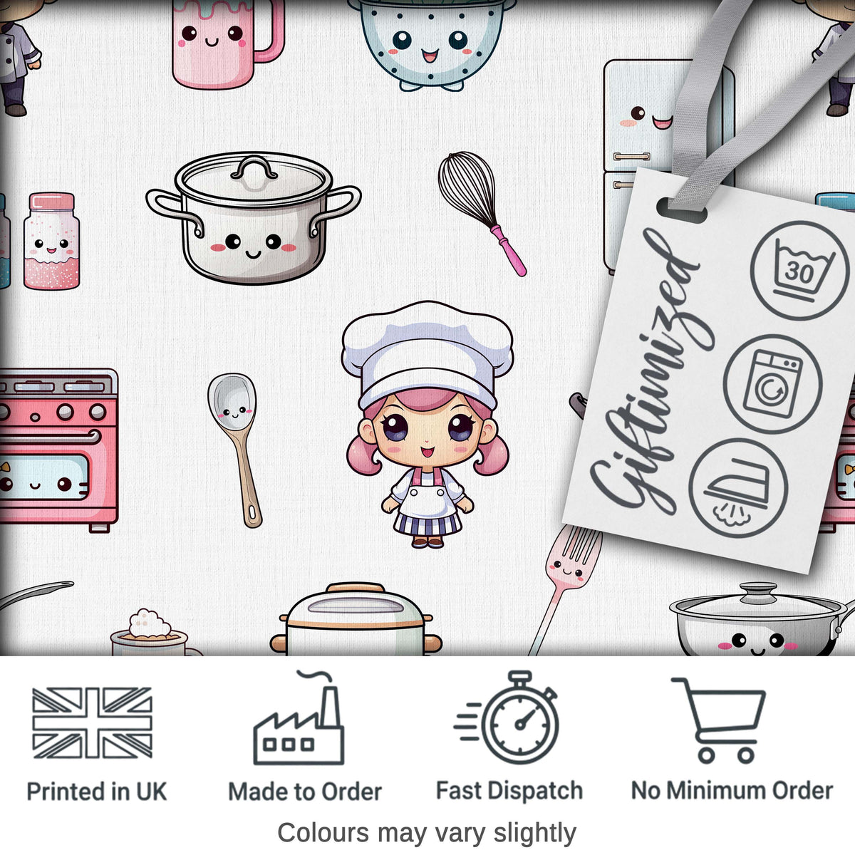 Cute Kawaii Chef Girl Kitchen Utensils Grey Background Seamless Pattern Digital Print Fabric by the Metre UK Sewing Quilting Textile
