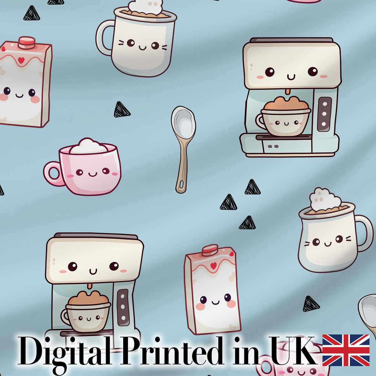 Cute Kawaii Coffee Maker Cups Milk Carton Seamless Pattern Digital Print Fabric by the Metre UK Sewing Quilting Textile