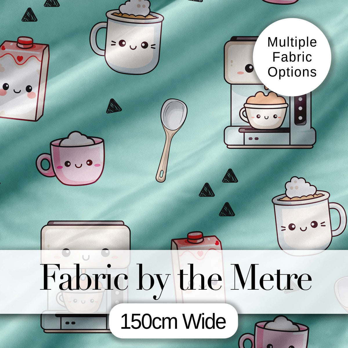 Cute Kawaii Coffee Maker Cups Milk Mint Background Seamless Pattern Digital Print Fabric by the Metre UK Sewing Quilting Textile