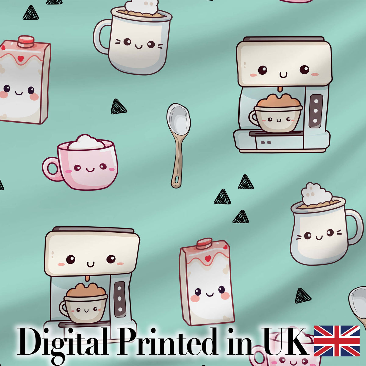 Cute Kawaii Coffee Maker Cups Milk Mint Background Seamless Pattern Digital Print Fabric by the Metre UK Sewing Quilting Textile