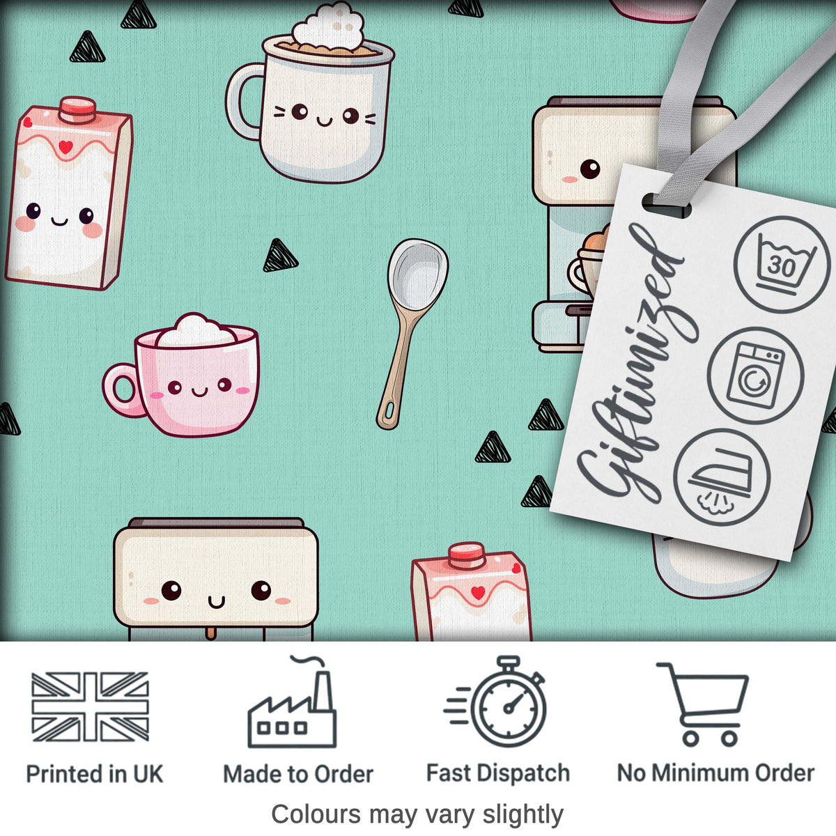 Cute Kawaii Coffee Maker Cups Milk Mint Background Seamless Pattern Digital Print Fabric by the Metre UK Sewing Quilting Textile