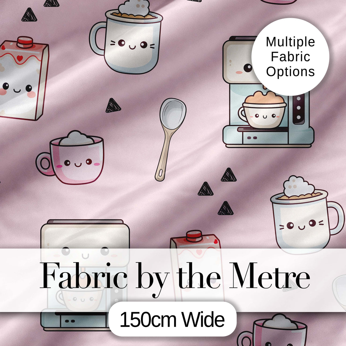 Cute Kawaii Coffee Maker Cups Milk Pink Background Seamless Pattern Digital Print Fabric by the Metre UK Sewing Quilting Textile