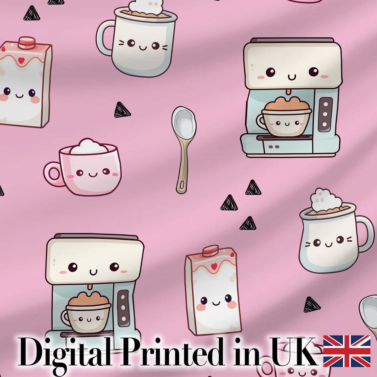 Cute Kawaii Coffee Maker Cups Milk Pink Background Seamless Pattern Digital Print Fabric by the Metre UK Sewing Quilting Textile