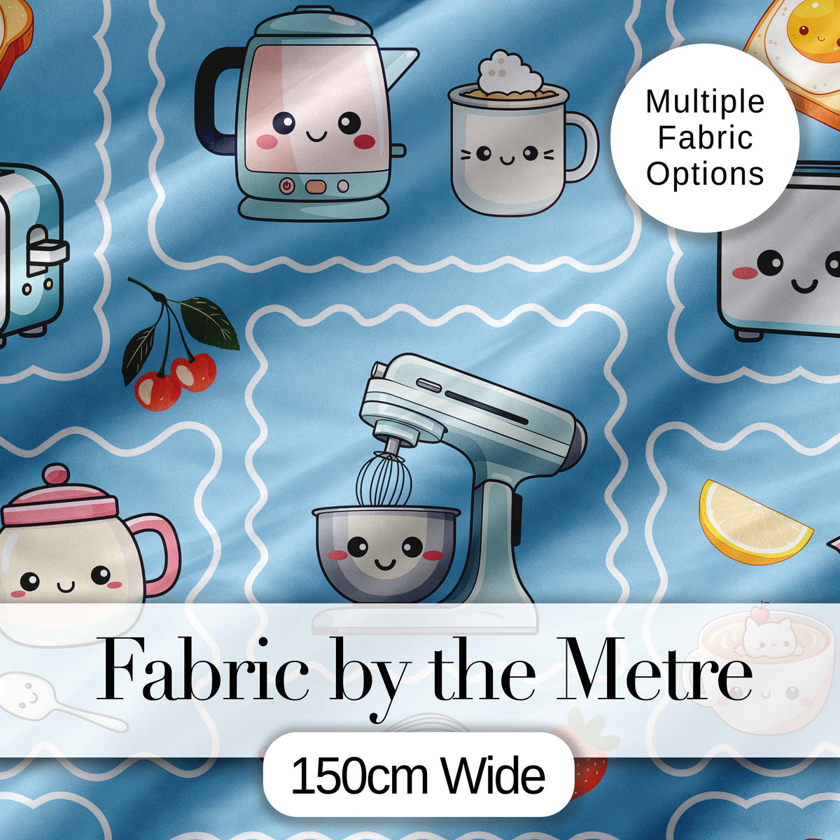 Cute Kawaii Mixer Kettle Cups Fruit Blue Pattern Seamless Pattern Digital Print Fabric by the Metre UK Sewing Quilting Textile