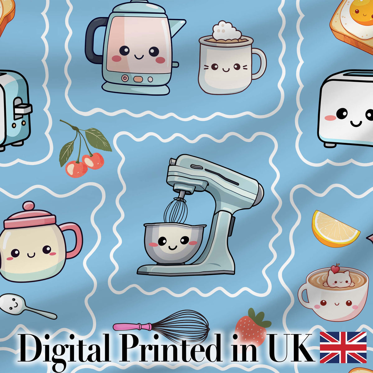 Cute Kawaii Mixer Kettle Cups Fruit Blue Pattern Seamless Pattern Digital Print Fabric by the Metre UK Sewing Quilting Textile