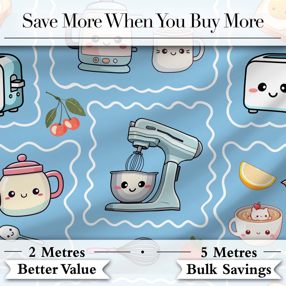 Cute Kawaii Mixer Kettle Cups Fruit Blue Pattern Seamless Pattern Digital Print Fabric by the Metre UK Sewing Quilting Textile