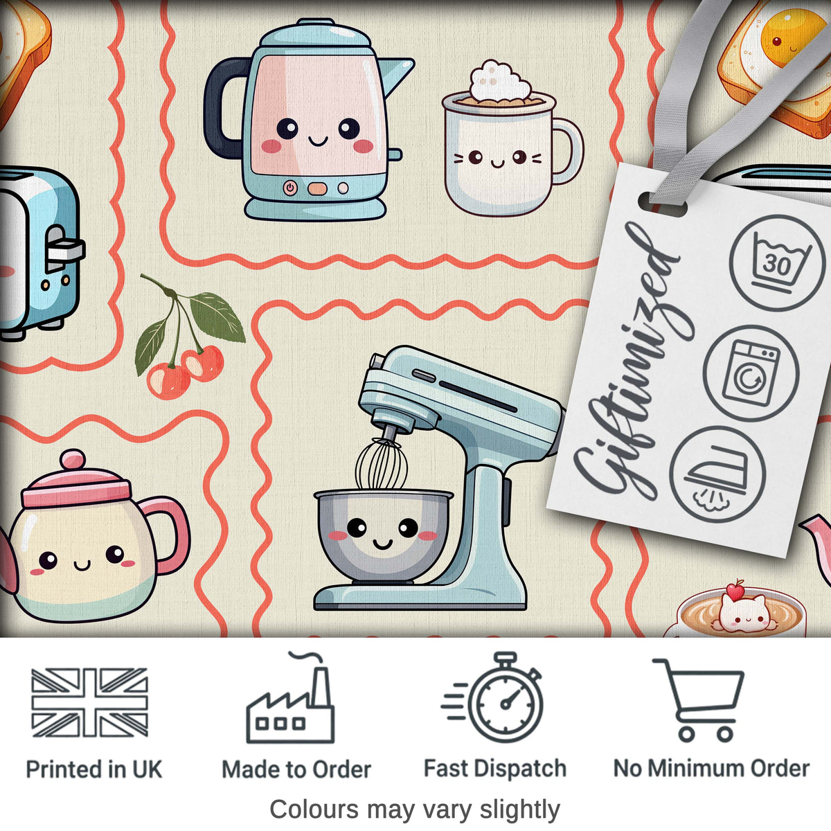 Cute Kawaii Mixer Kettle Cups Fruit Beige Background Seamless Pattern Digital Print Fabric by the Metre UK Sewing Quilting Textile