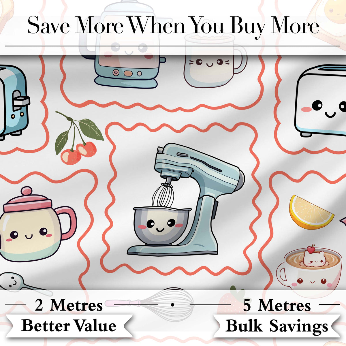 Cute Kawaii Kitchen Mixer Kettle Cups Grey Background Seamless Pattern Digital Print Fabric by the Metre UK Sewing Quilting Textile