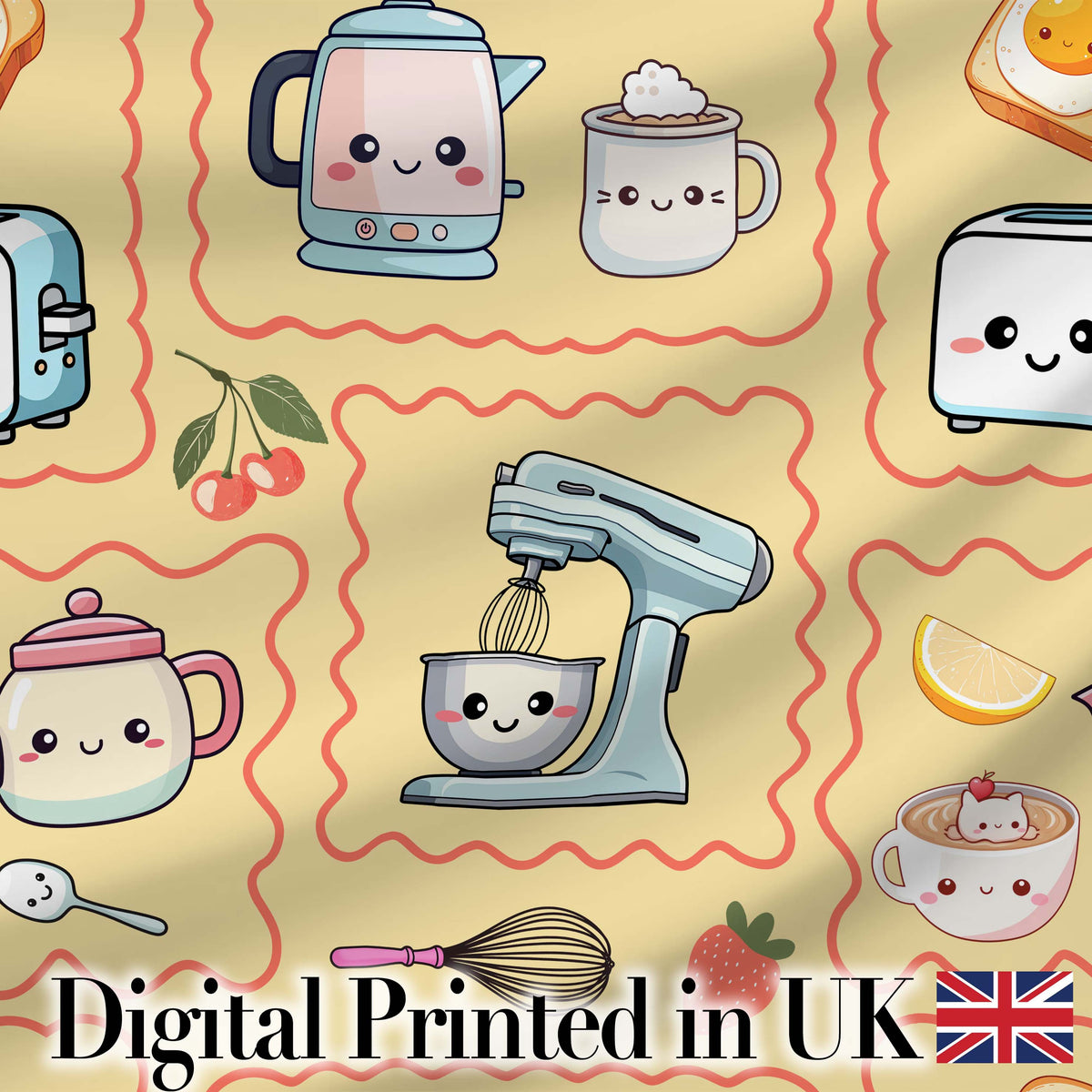 Cute Kawaii Kitchen Mixer Kettle Cups Yellow Background Seamless Pattern Digital Print Fabric by the Metre UK Sewing Quilting Textile